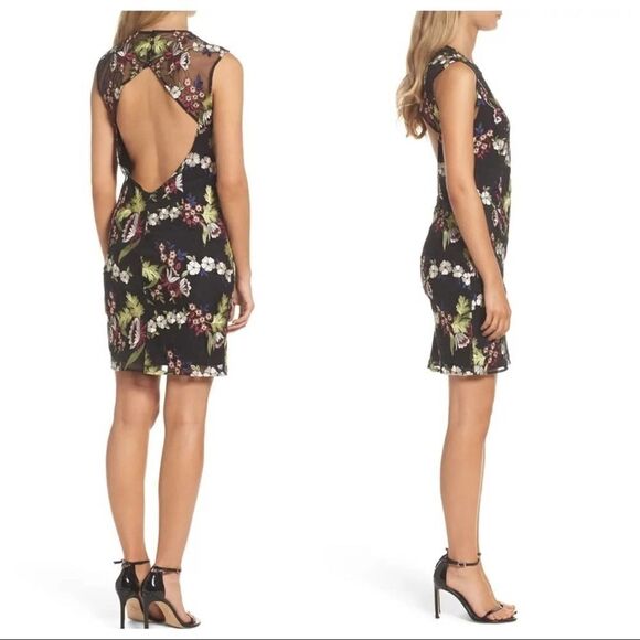 Bardot Jade Black Lace Jewel Tone Floral Sheer Cutout Back Mini Dress Sz 6 - Picture 4 of 10